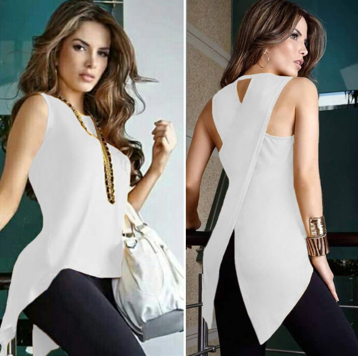 Europe and the United States spring and summer irregular fashion sleeveless back crossover shirt T-shirt