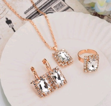 Europe And The United States Personalized Water Drop Color Diamond Necklace, Earrings, Rings Set, Shiny High-end Bridal Jewelry Wholesale