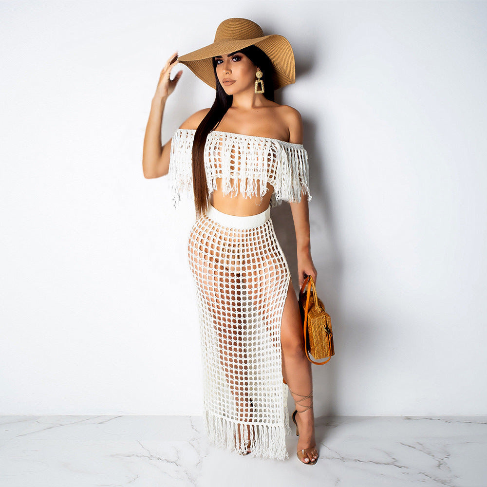 Cutout sexy fashion grid tassel perspective two-piece suit female