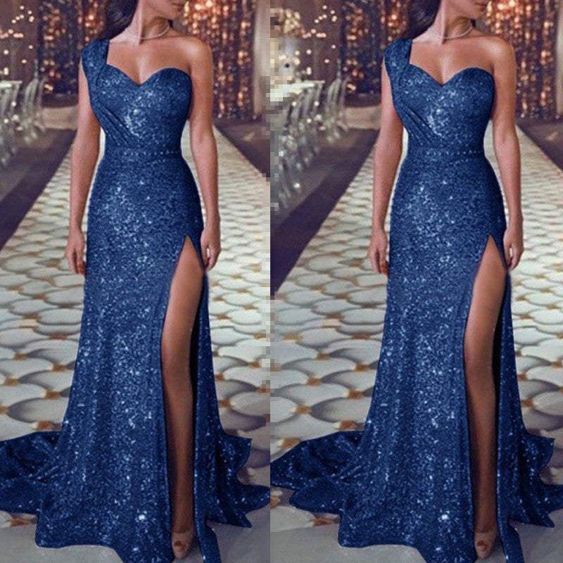 One-shoulder Glitter Split Dress
