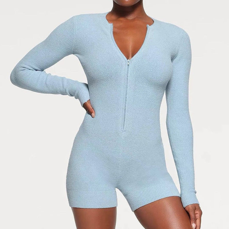 Winter New Long Sleeve Solid Color Zipper Skinny Knit Sweater Jumpsuit