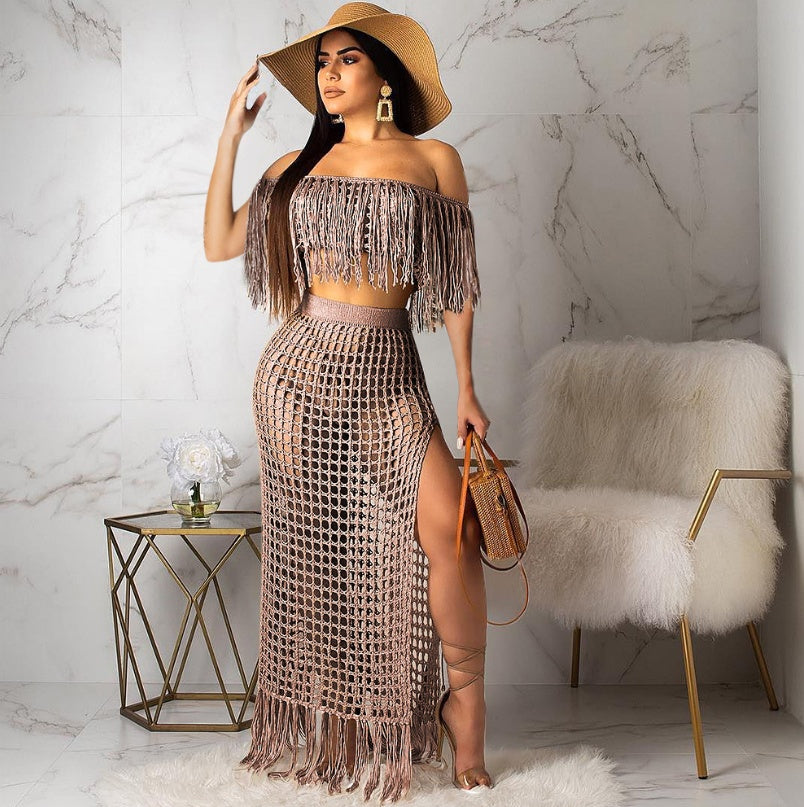 Cutout sexy fashion grid tassel perspective two-piece suit female