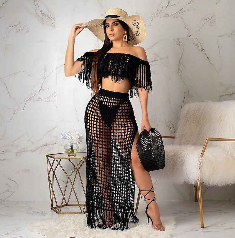 Cutout sexy fashion grid tassel perspective two-piece suit female