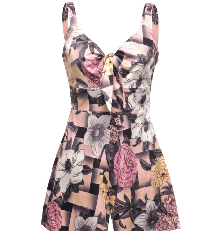 Sexy Suspenders Chest Bow Tie Printed Loose Jumpsuit