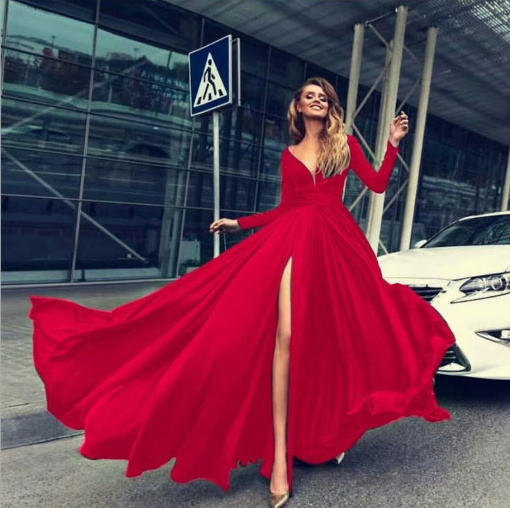 New solid color high slit big swing dress sexy deep V long sleeve dress