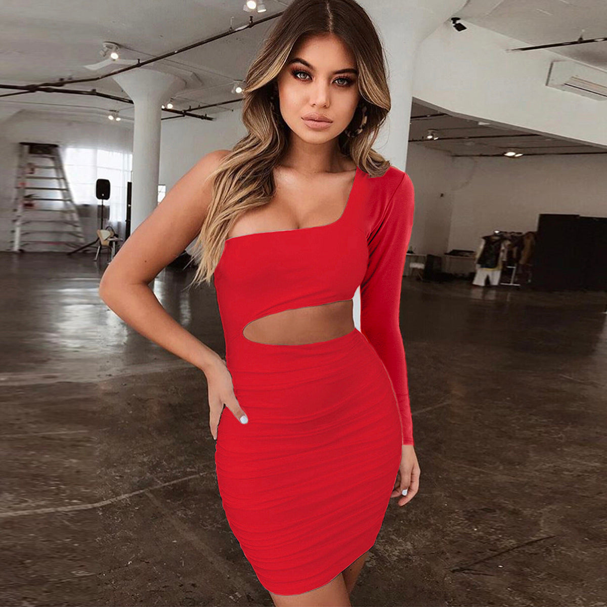 USA Size Sexy Cutout Shoulder Long Sleeve Hip Pleated Dress