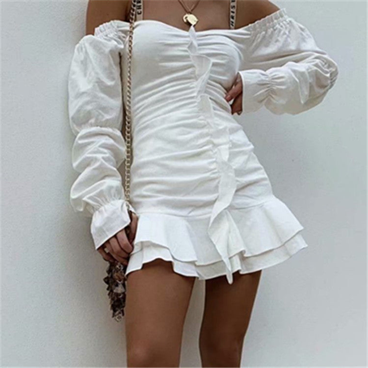 Pleated bag hip long sleeve dress