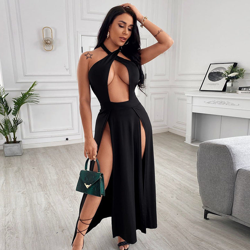 New Solid Color Halter Nec Navel Back Hollow Dress Women