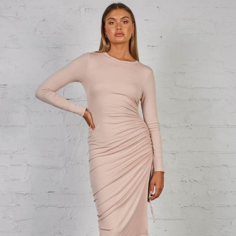 Women's Solid Color Round Neck Long Sleeve Irregular Pleating High Waist Dress