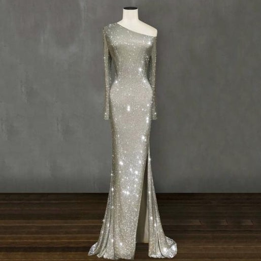 Europe and the United States one shoulder asymmetric sparkling crystal long dress skirt dress