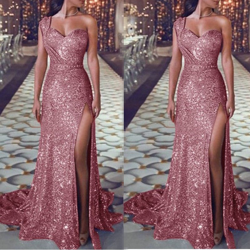 One-shoulder Glitter Split Dress