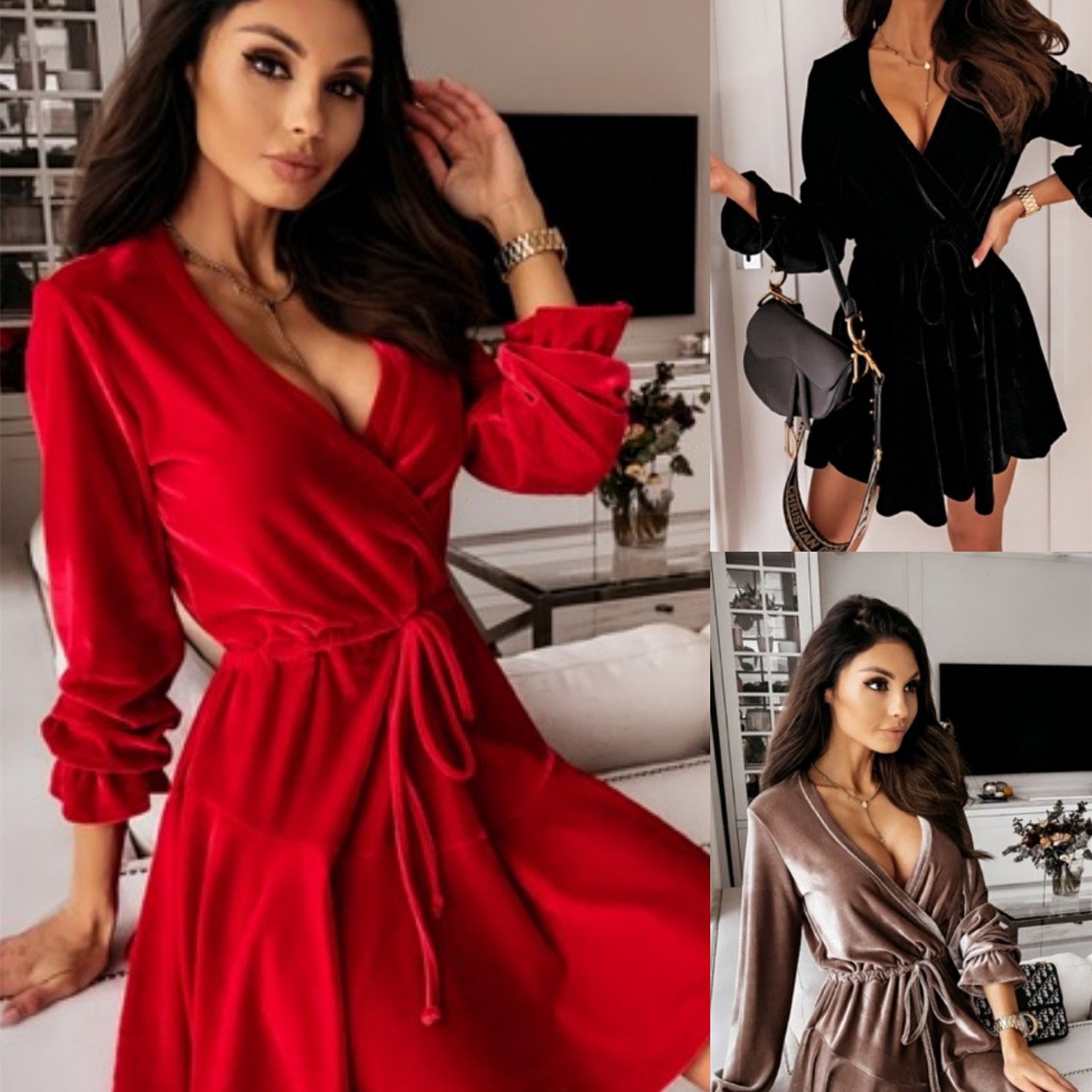 Velvet V-neck Long Sleeve Dress