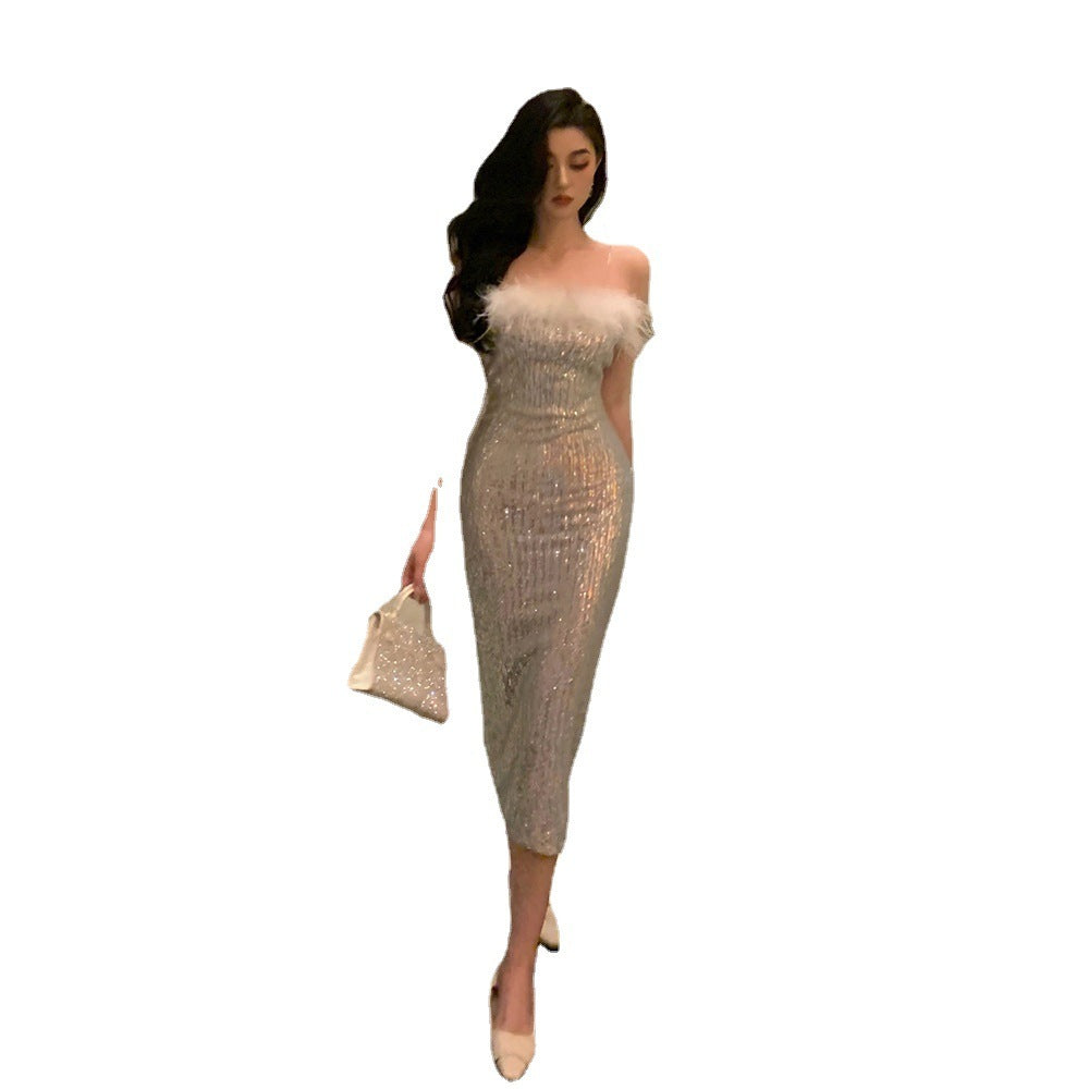 Women's High-class Feather Stitching Sequin Dress