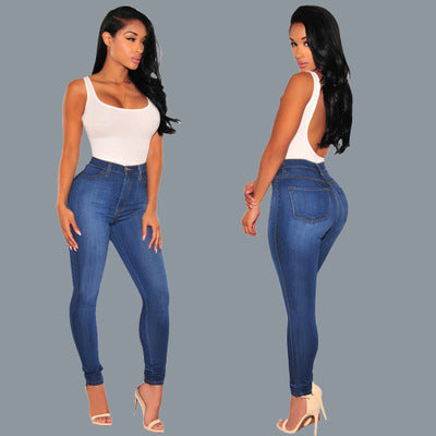 Europe and the United States Fan Slim solid color hips stretch thin fashion knee hole jeans