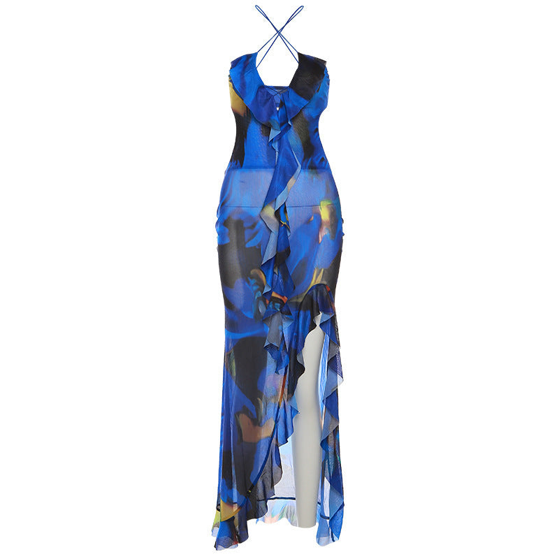 European And American Fashion Sexy Halter Low Cut Backless Slim Fit See-through Printing Dress