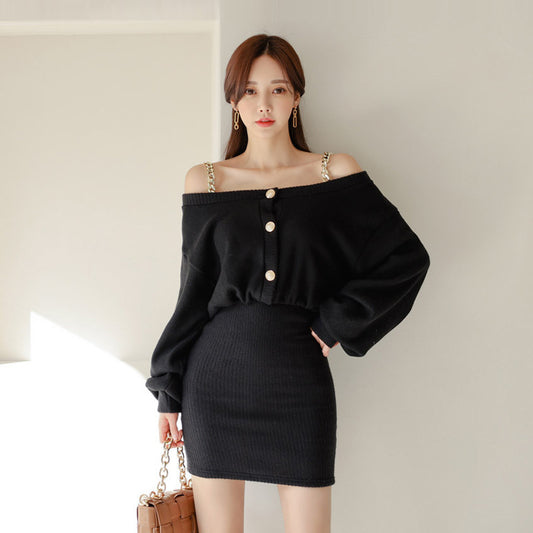 One Word Neck Loose Bat Sleeve Bag Hip Sling Dress Women