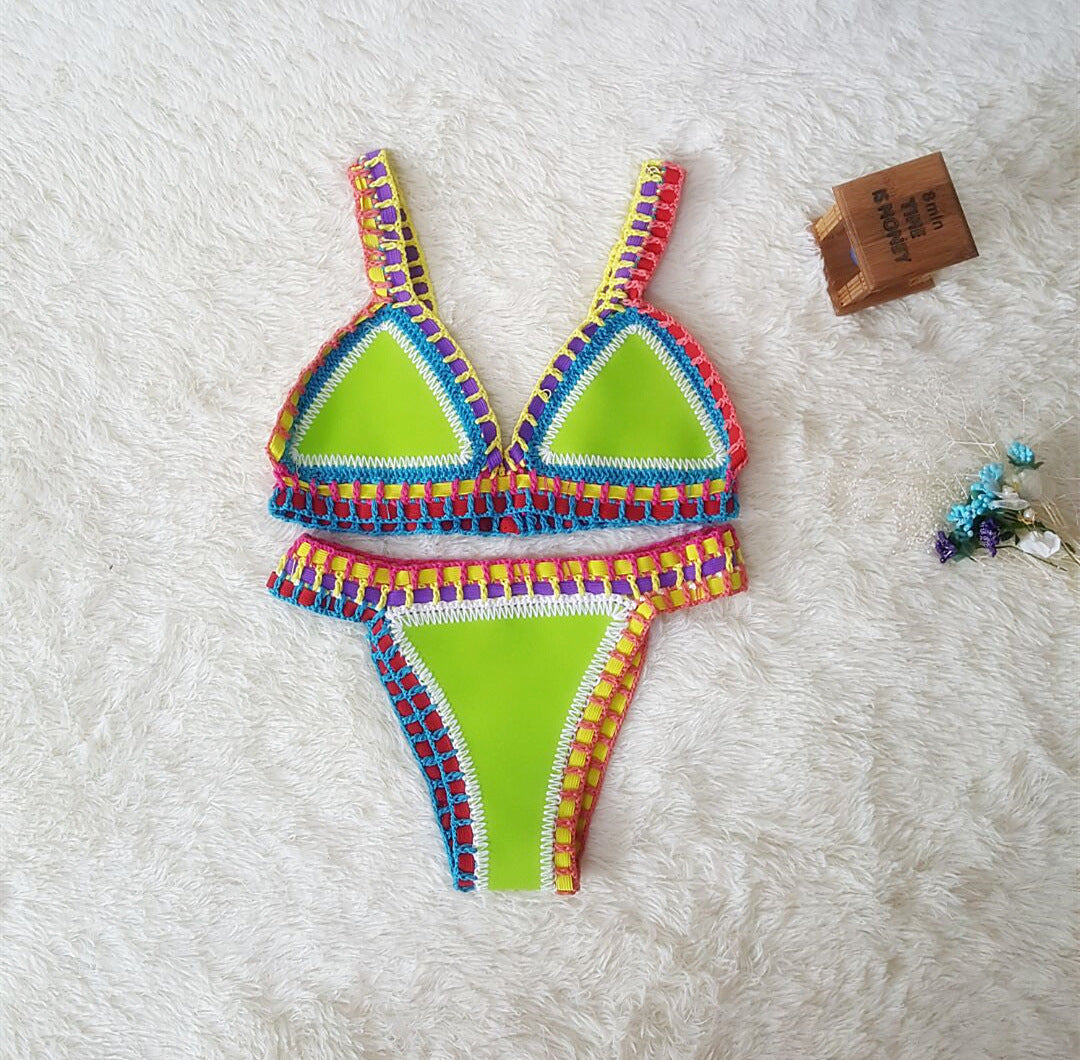 Europe And The United States Sexy Hand Crochet Colorful Bikini Set, Spell Color Rubber, Ladies Knitted Swimwear Wholesale