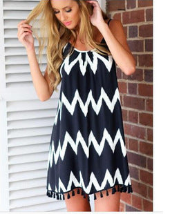 Europe and the United States summer new wave pattern tassel Sling Dress