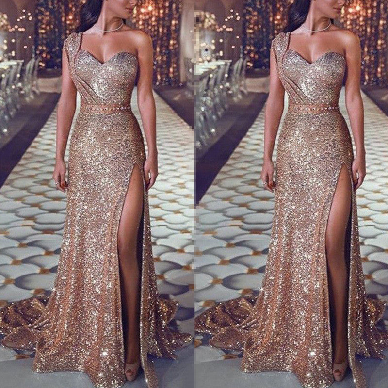 One-shoulder Glitter Split Dress
