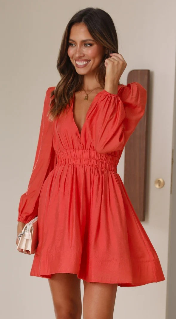 Slim Deep V Waist Pleated Skirt Hem Long Sleeve Dress