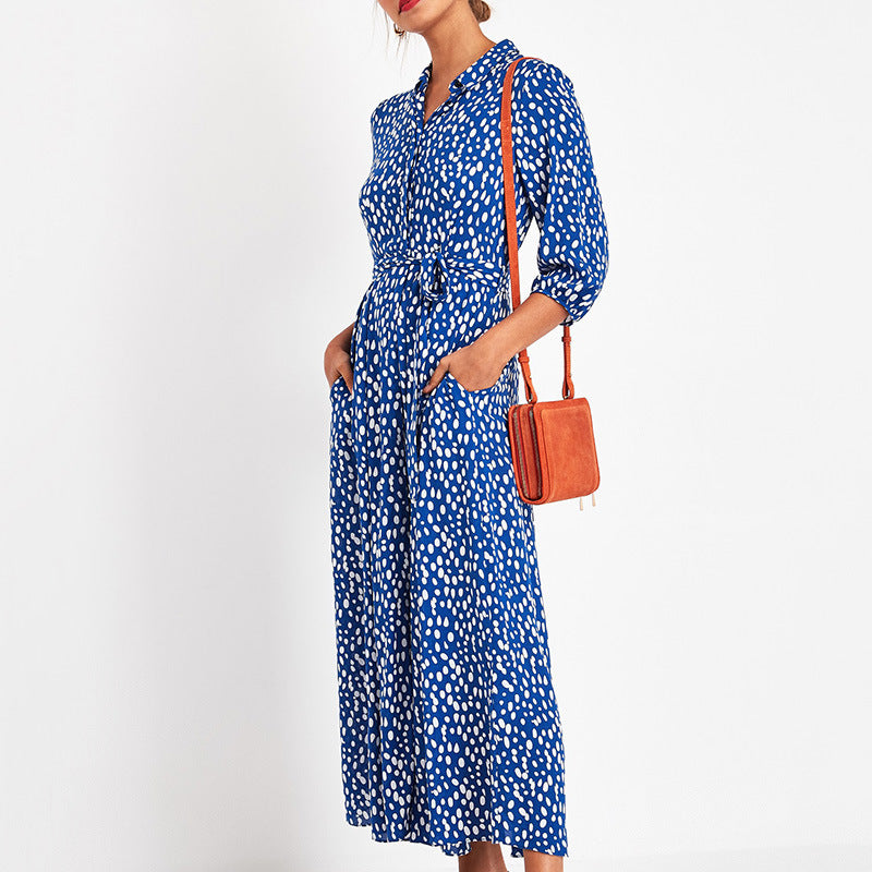 Polka dot print lace-up pocket dress