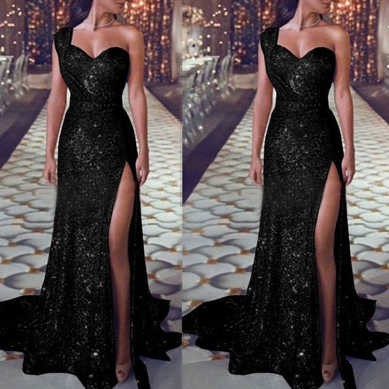 One-shoulder Glitter Split Dress