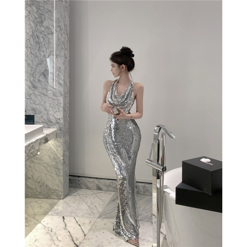 Glitter Silver Dress High-grade Light Luxury Evening Dress