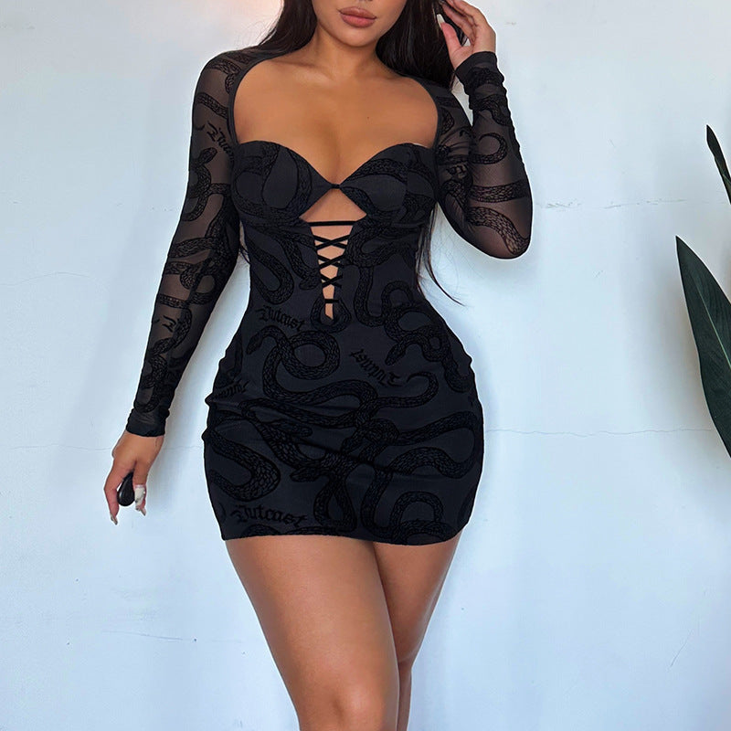 Lace Long Sleeve Sexy Cutout Flocked Printed Dress Ins