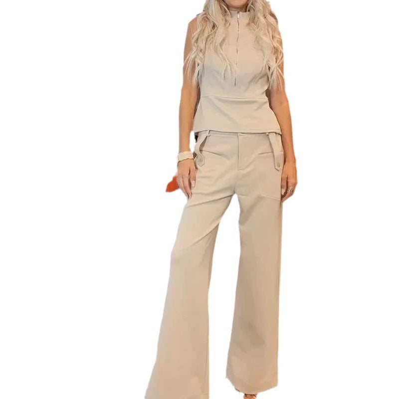 Zip Collar Sleeveless Top Casual Slimming Trousers Suit