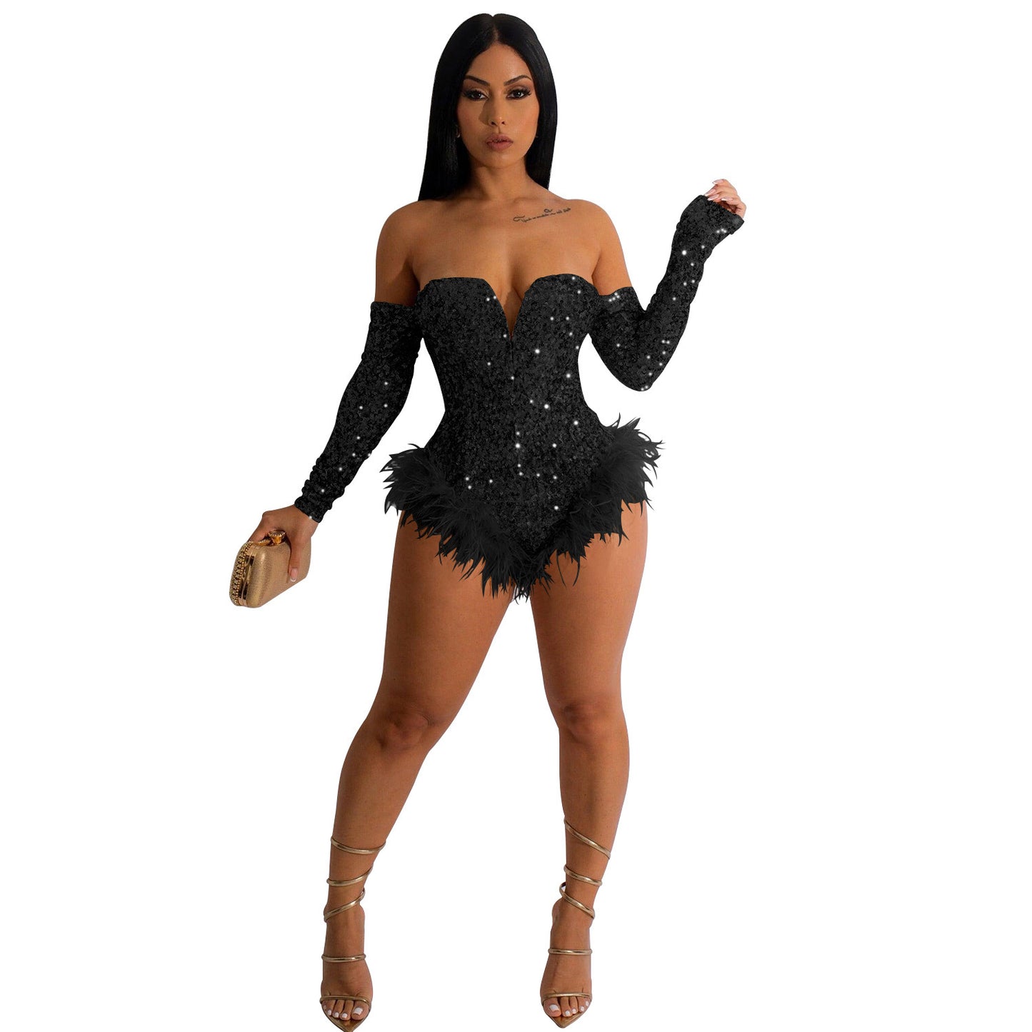 Women's Solid Color Beaded Long Sleeved Shorts Jumpsuit