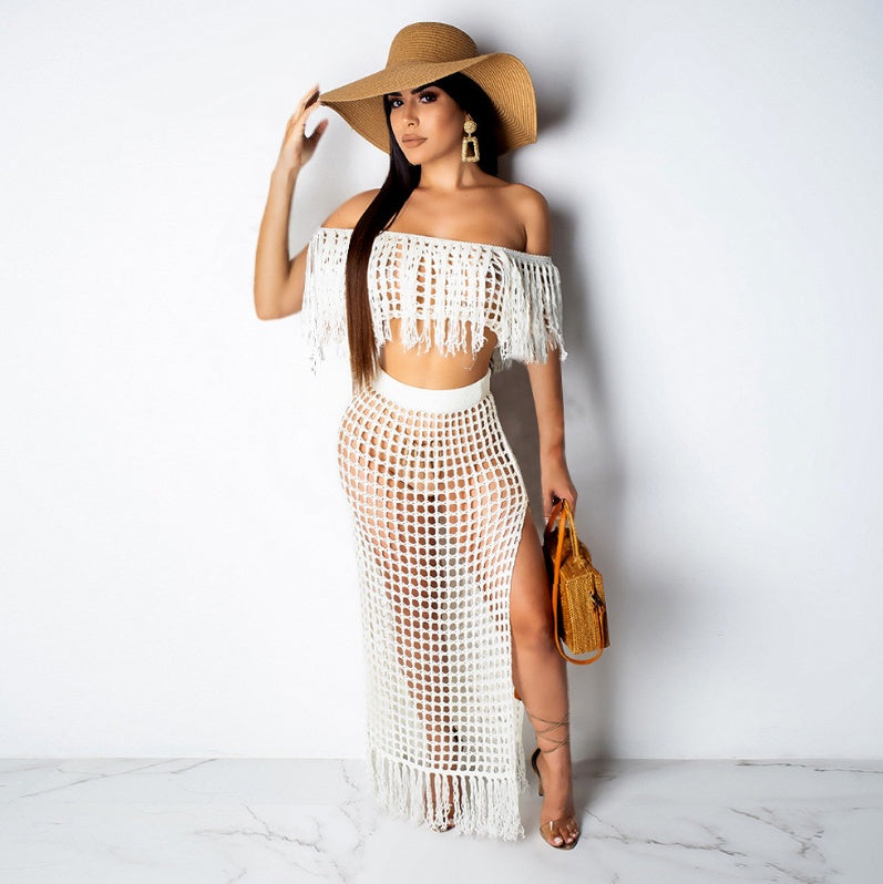 Cutout sexy fashion grid tassel perspective two-piece suit female