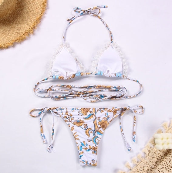 Women's Two-piece Swimsuit Sexy Ribbon Stitching Lace Strap Printing Bikini