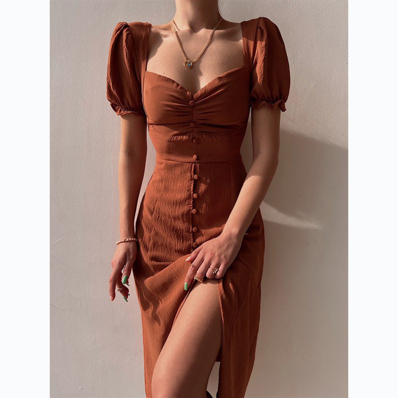 V-neck Single Breasted Mid Length Dress