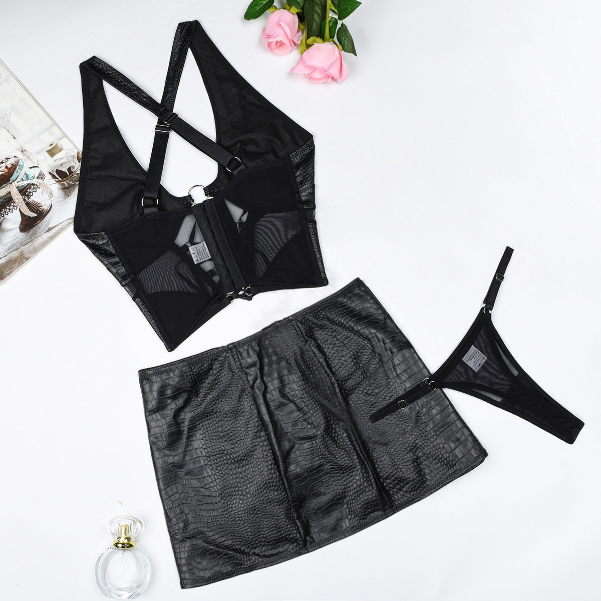 High Quality Fabric Leather Splicing Mesh Lace Up Cross Halter Underwear Suit