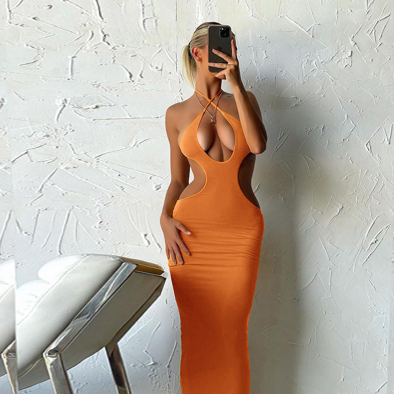Fashion Solid Color Hollow Halter Neckline Dress