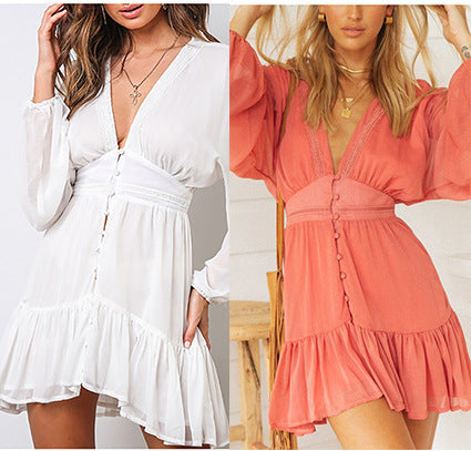 Chiffon V-neck lantern sleeve long-sleeved dress