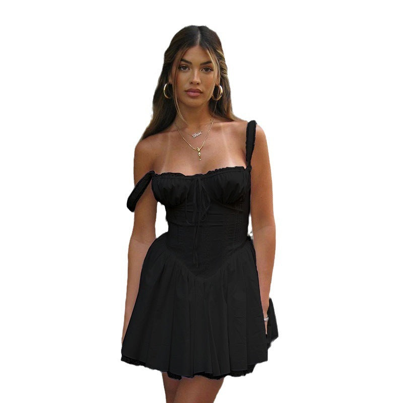 Lace Stitching Double-layer Off-neck Wrapped Chest Strap Drawstring Slim-fit A- Line French Style Pure Desire Sling Dress