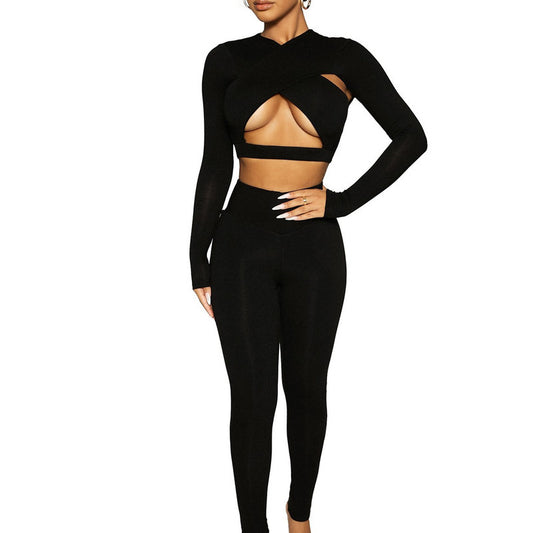 Hollow Cross Solid Color Long Sleeved High Waist Skinny Sports And Leisure Suit