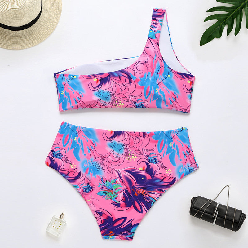 Tie-Dye Colorful One-Shoulder Bikini Ladies Split Swimsuit