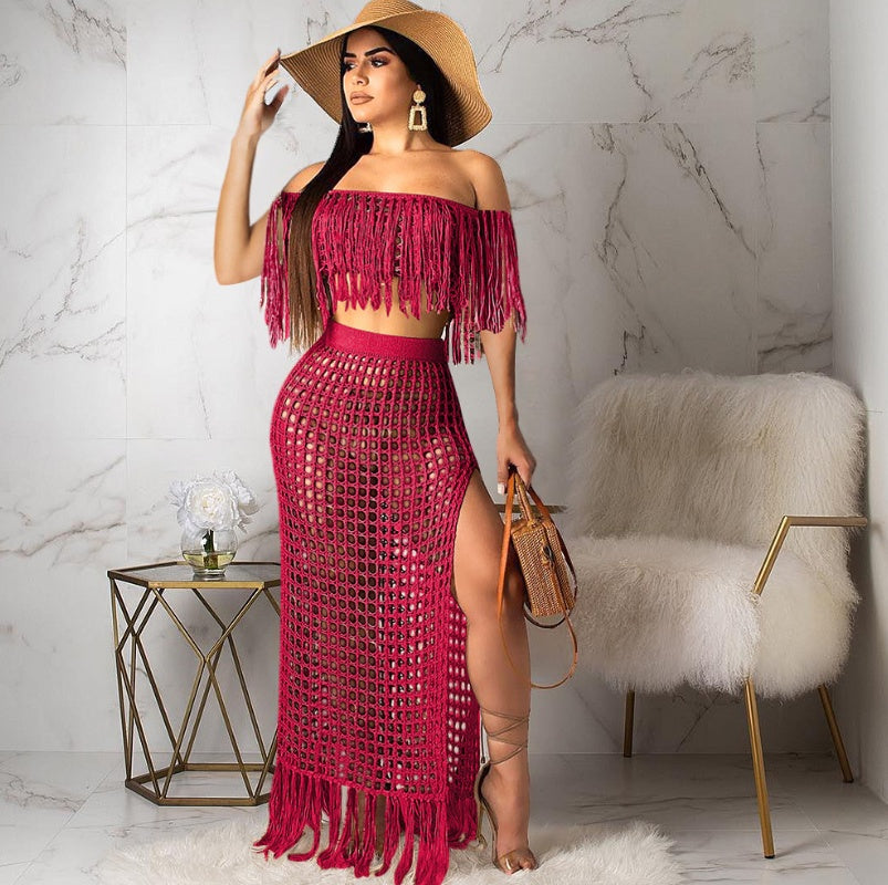 Cutout sexy fashion grid tassel perspective two-piece suit female