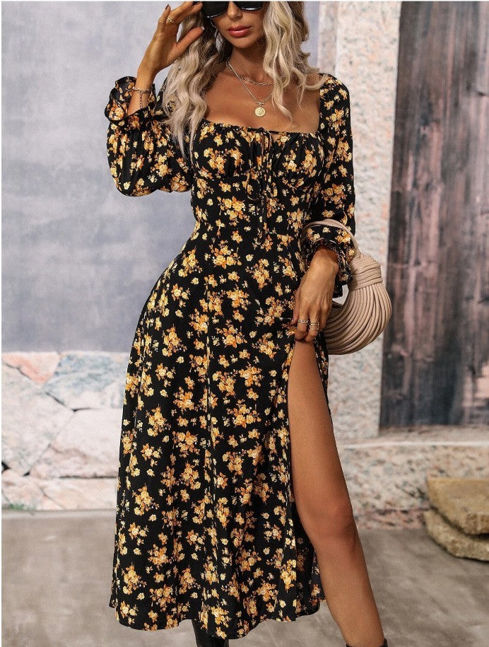 Women's Printing Long Sleeve Square-neck Bottom Slit Dress