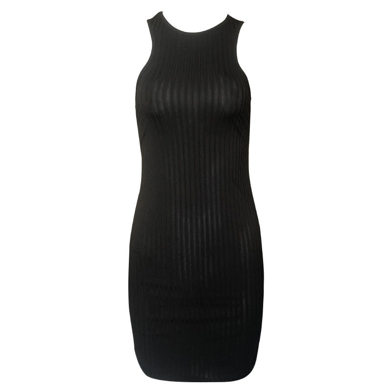 Sleeveless Round Neck Pleated Stretch Slim-fit Sheath Dress