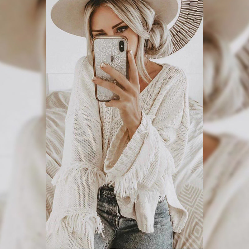 Europe and the United States new sweater round neck long-sleeved tassel solid color sweater shirt women