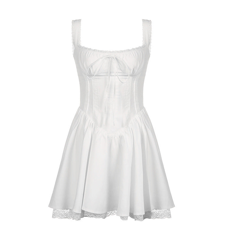 Lace Stitching Double-layer Off-neck Wrapped Chest Strap Drawstring Slim-fit A- Line French Style Pure Desire Sling Dress