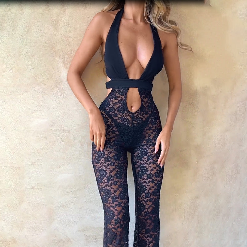 Women's Fashion Slim Hollow Deep V Lace Jumpsuit