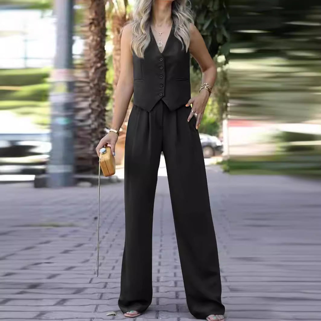 V-neck Sleeveless Waistcoat Vest Drooping Wide-leg Pants Suit