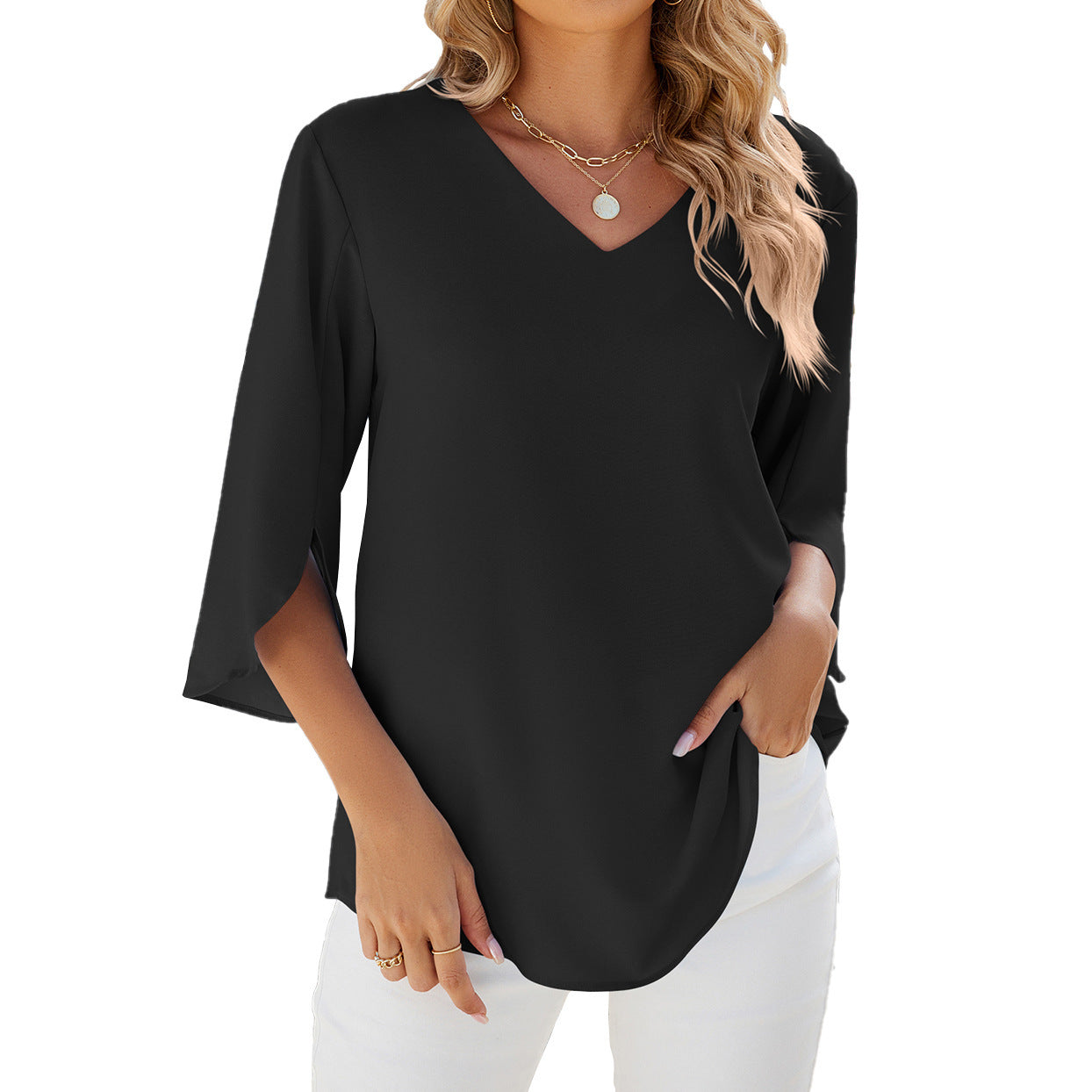 Women's Fashion Solid Color And V-neck Half Sleeves Loose Chiffon Blouse Top