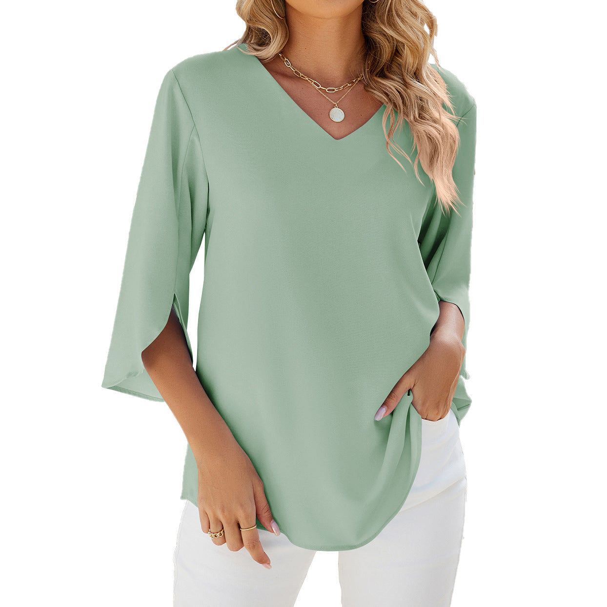 Women's Fashion Solid Color And V-neck Half Sleeves Loose Chiffon Blouse Top