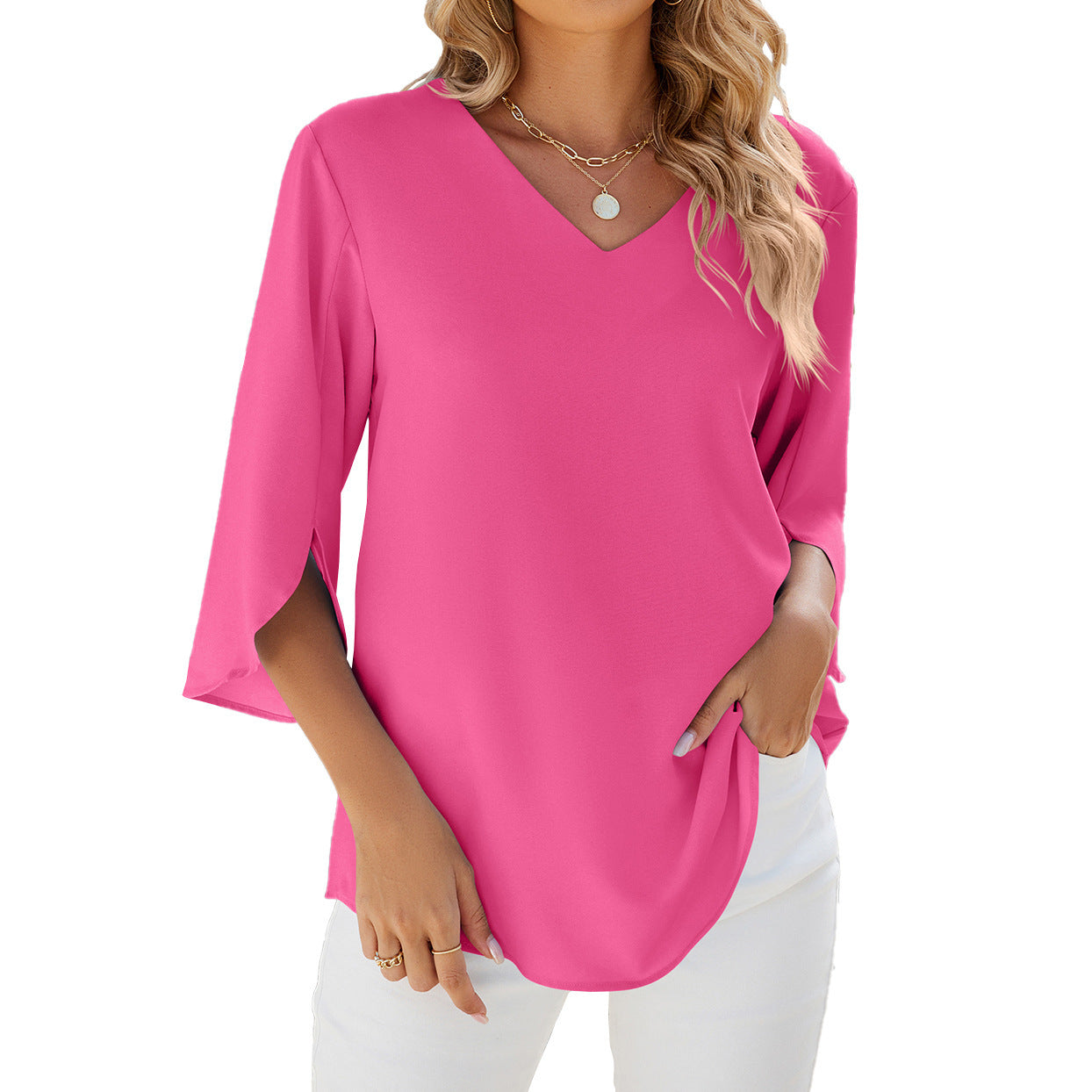 Women's Fashion Solid Color And V-neck Half Sleeves Loose Chiffon Blouse Top