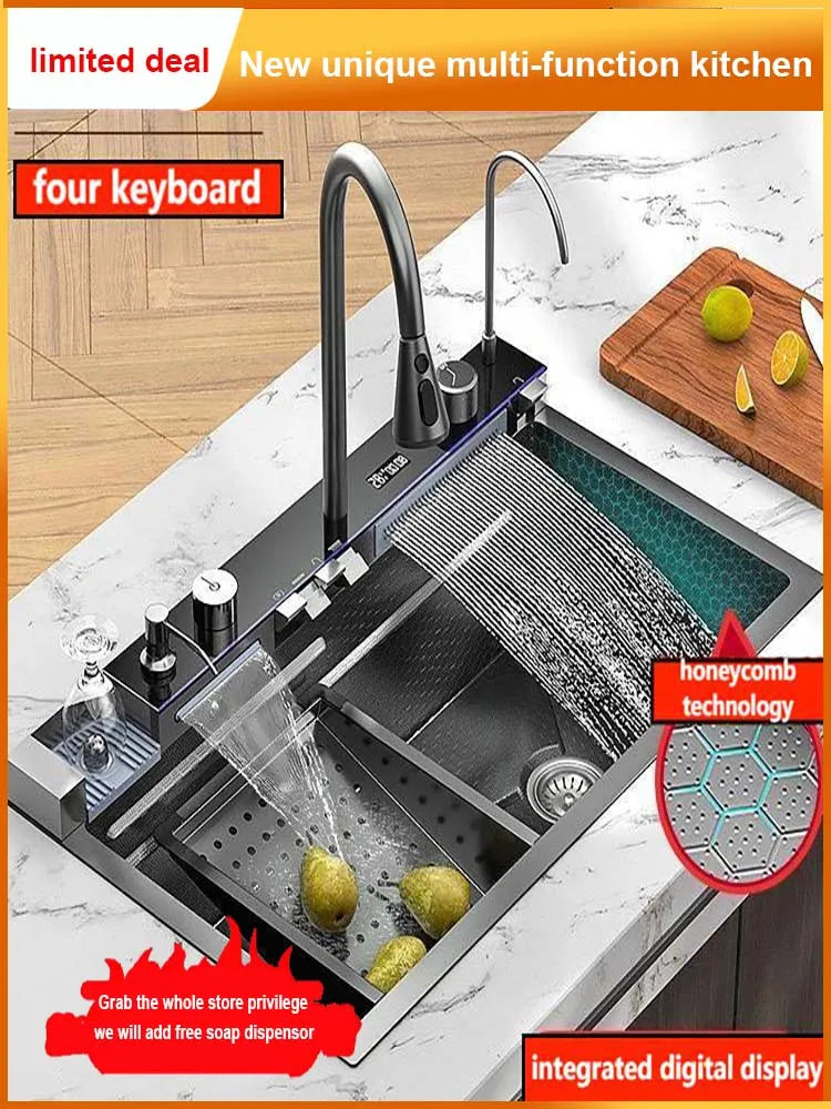 Home Finds - Cocina Integrated Waterfall Kitchen Sink Honeycomb Technology Large Digitial Display Stainless Steel Soap Dispenser Cup Washer